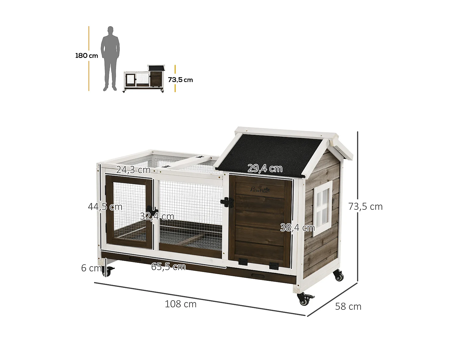 Clapier à lapin sur roulettes cage à lapin porte, rampe trappe verrouillables toit ouvrant niche bois sapin acier café blanc