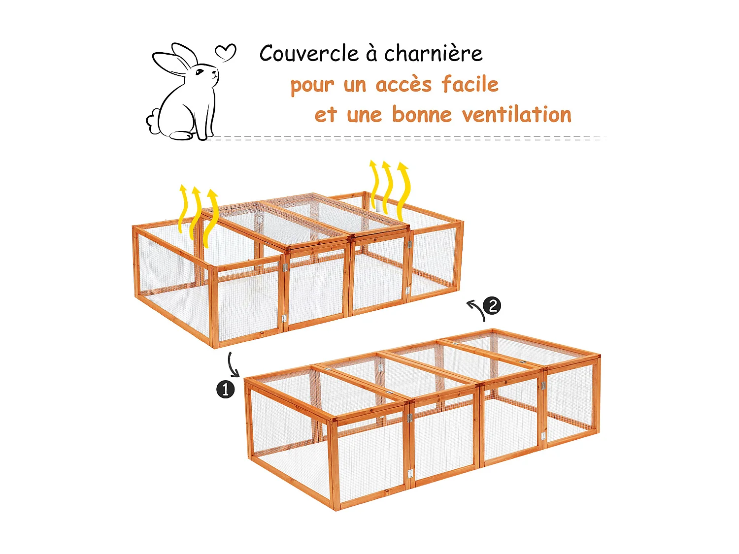 Clapier cage à lapins extérieur intérieur 2 portes supérieures 181L x 100l x 48H cm bois massif pin