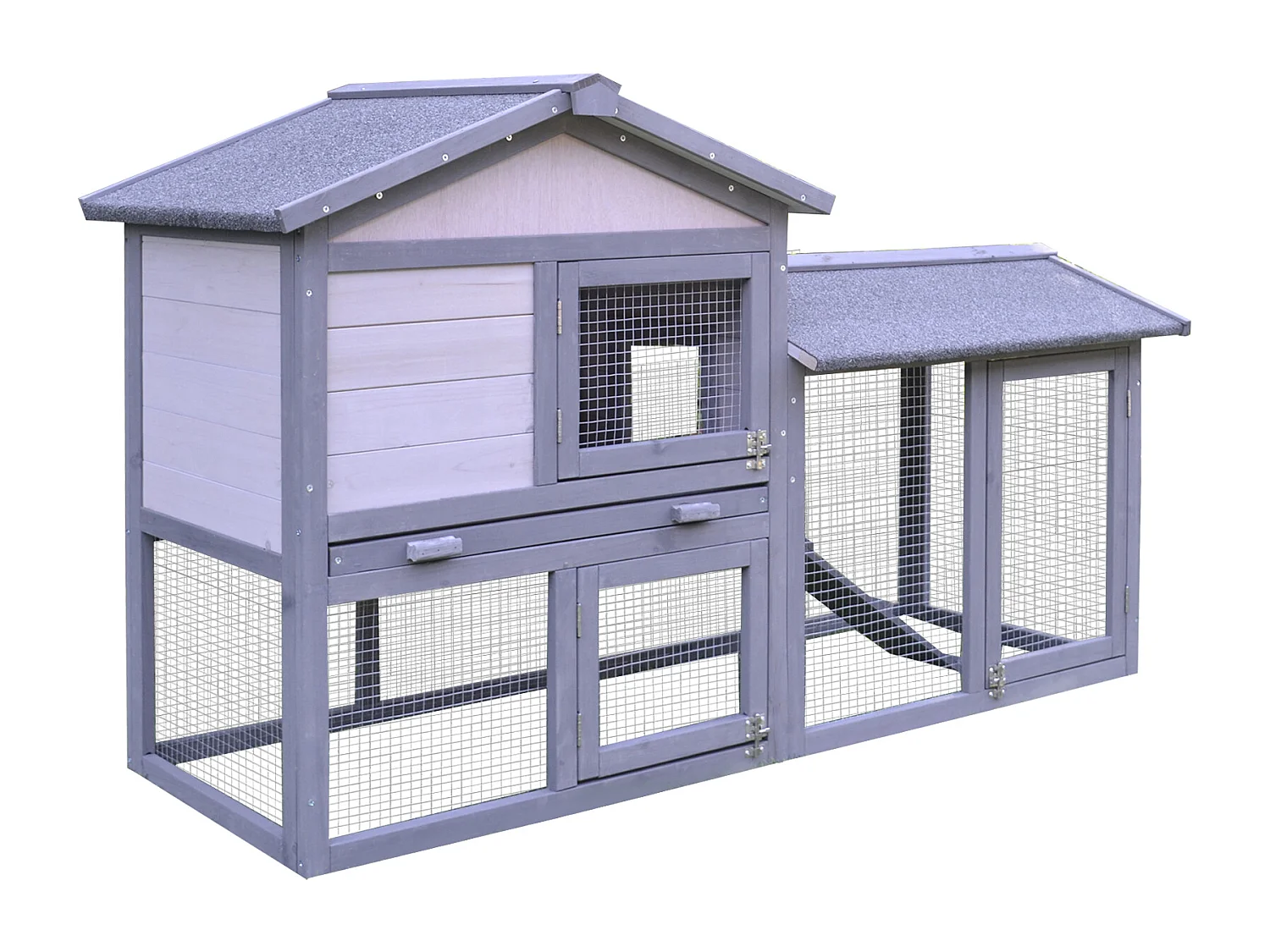 Clapier cage à lapins rongeurs 2 niveaux 3 portes verrouillables tiroir à déjection toit intégral bitumé 147L x 54l x 84H cm bois massif pin gris blanc
