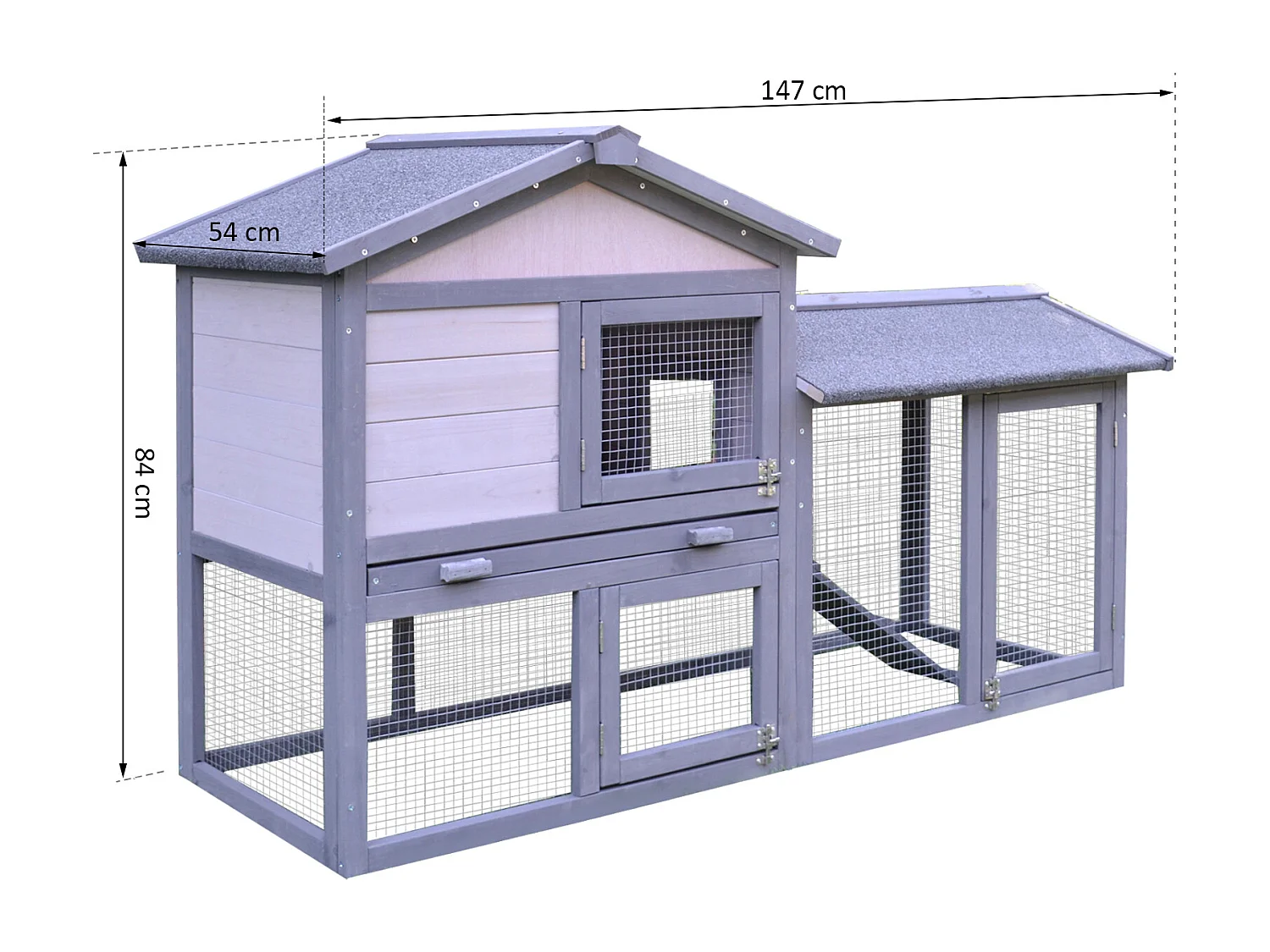 Clapier cage à lapins rongeurs 2 niveaux 3 portes verrouillables tiroir à déjection toit intégral bitumé 147L x 54l x 84H cm bois massif pin gris blanc