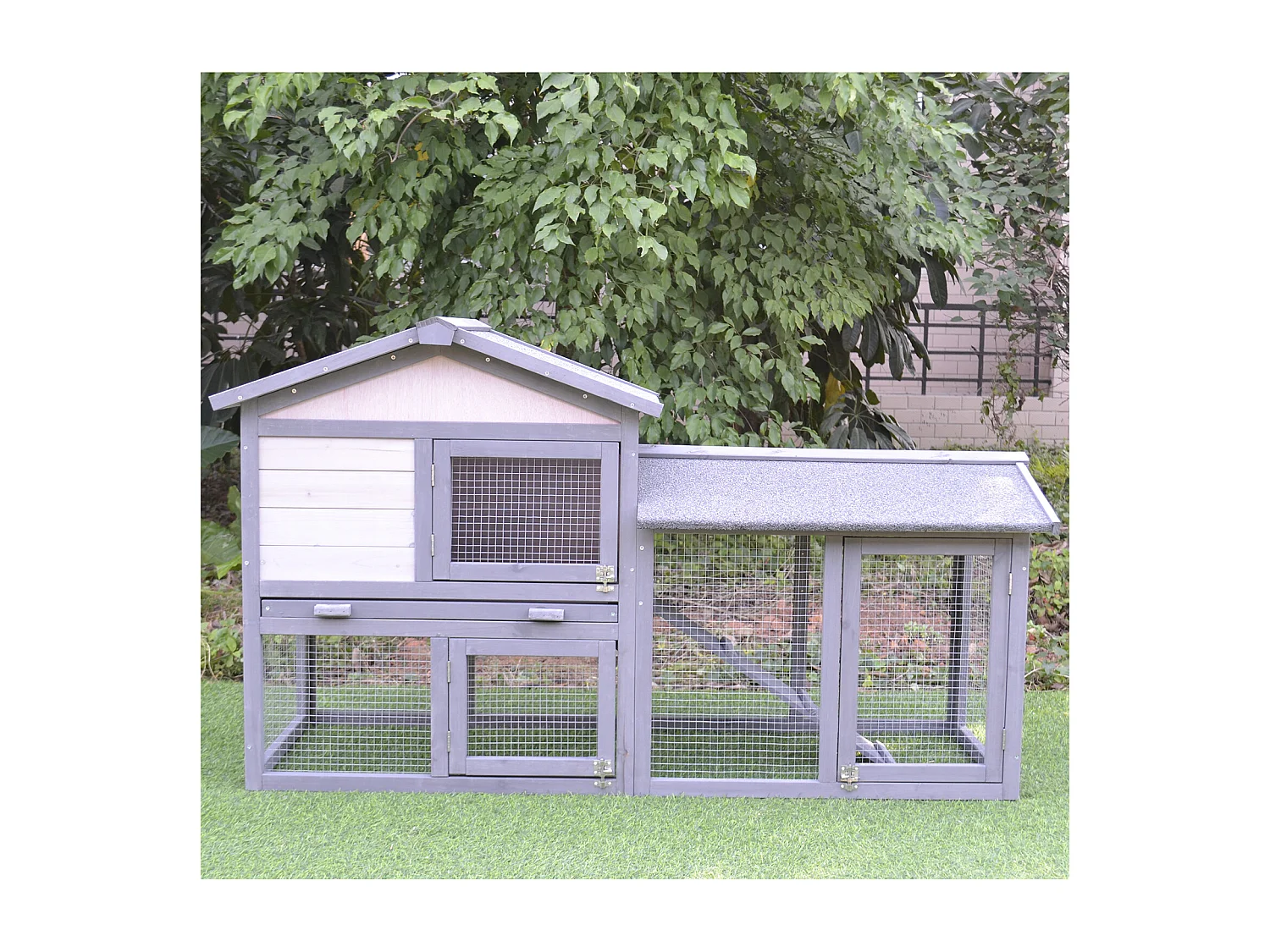 Clapier cage à lapins rongeurs 2 niveaux 3 portes verrouillables tiroir à déjection toit intégral bitumé 147L x 54l x 84H cm bois massif pin gris blanc