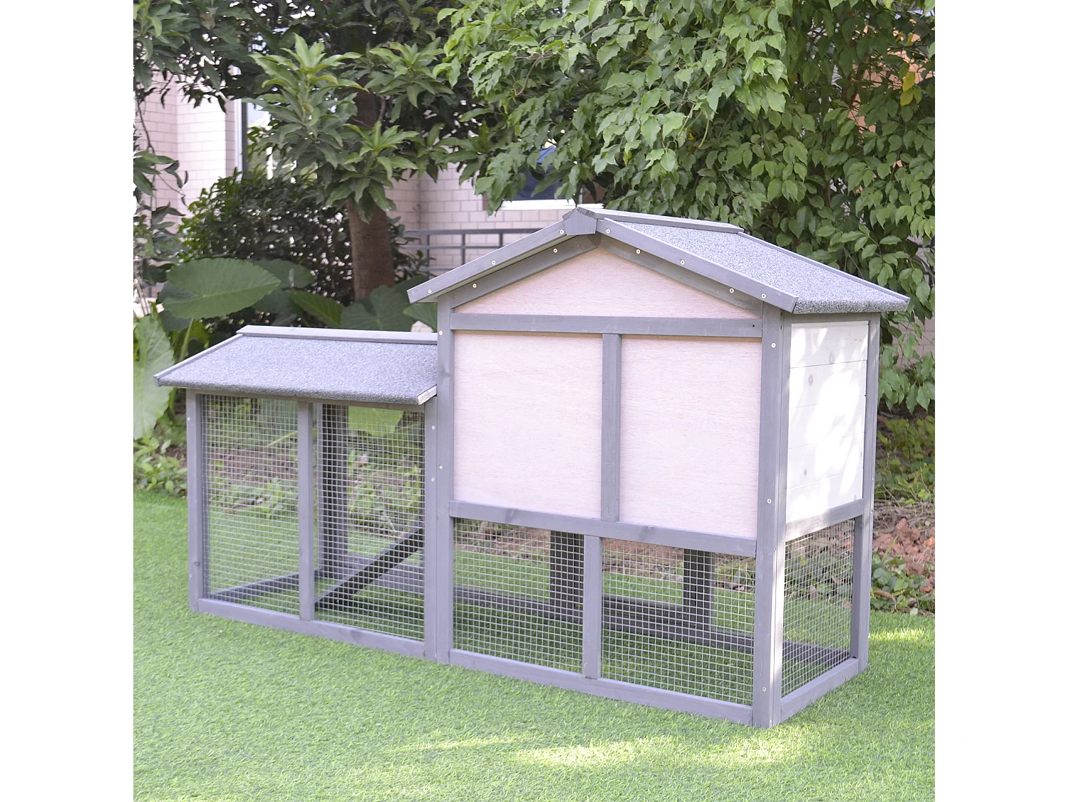 Clapier cage à lapins rongeurs 2 niveaux 3 portes verrouillables tiroir à déjection toit intégral bitumé 147L x 54l x 84H cm bois massif pin gris blanc