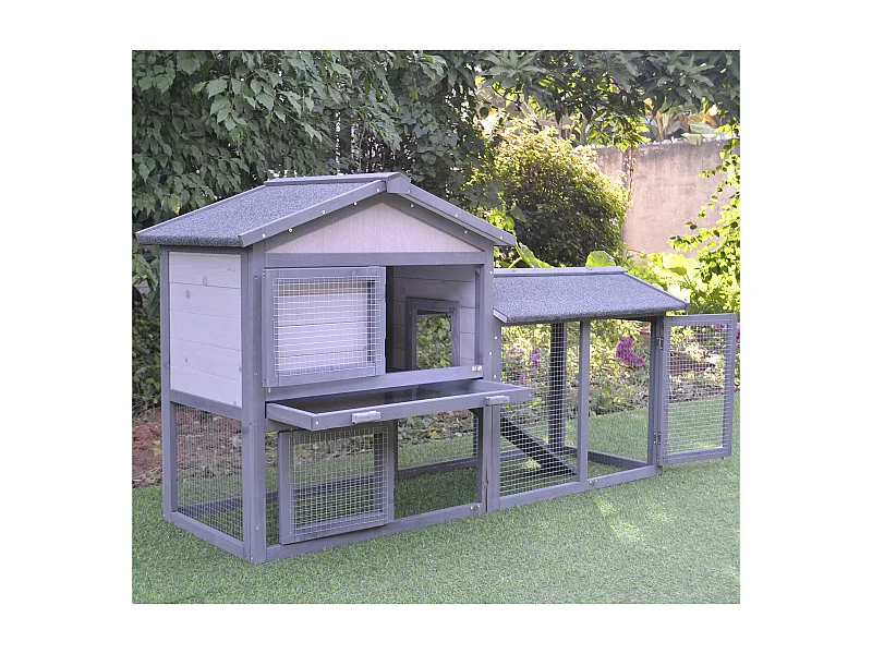 Clapier cage à lapins rongeurs 2 niveaux 3 portes verrouillables tiroir à déjection toit intégral bitumé 147L x 54l x 84H cm bois massif pin gris blanc