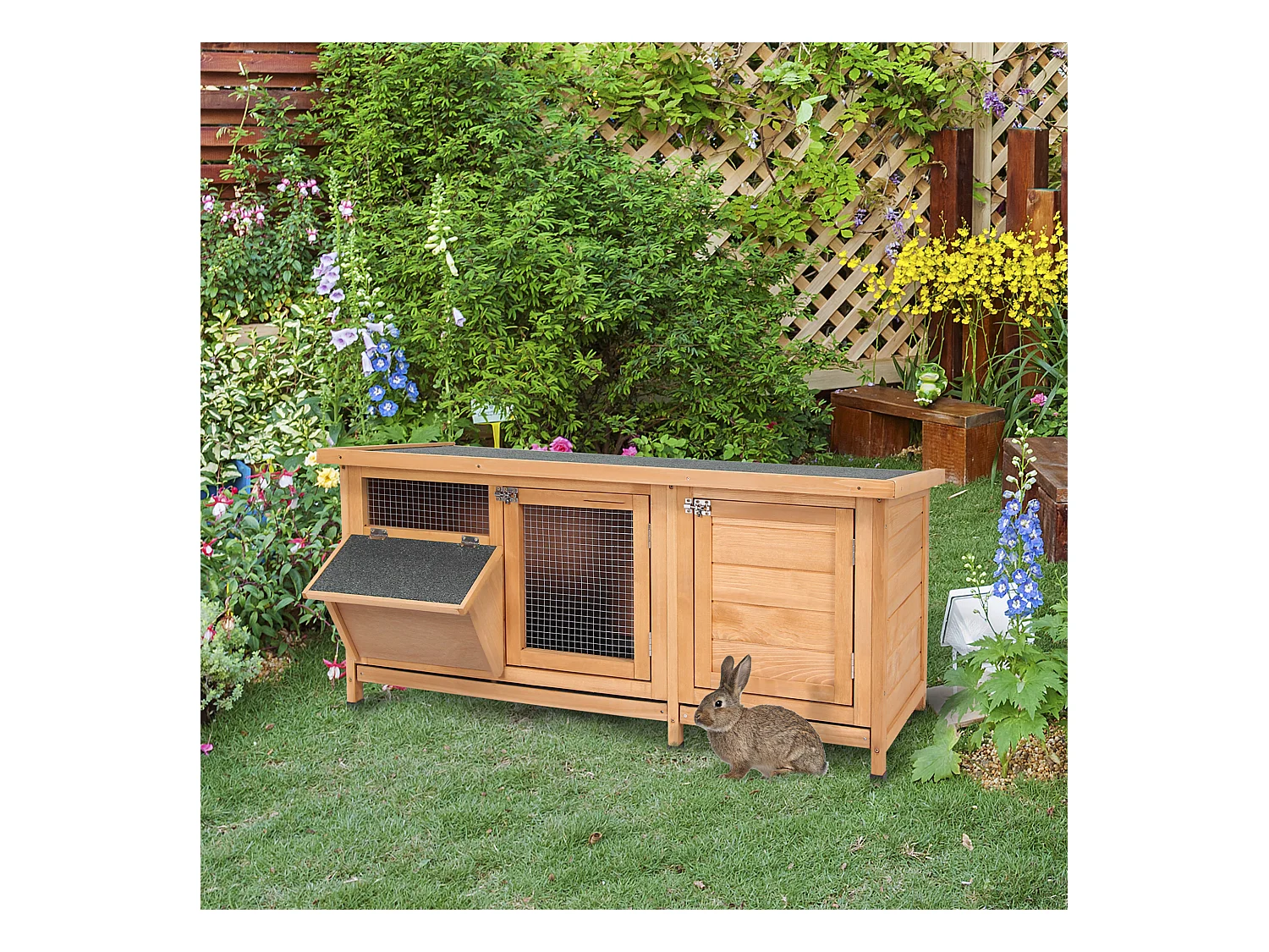 Clapier sur pieds - cage à lapin - 2 plateaux coulissants à excrément, 2 portes verrouillables, toit bitumé ouvrant, râtelier à foin - bois sapin pré-huilé