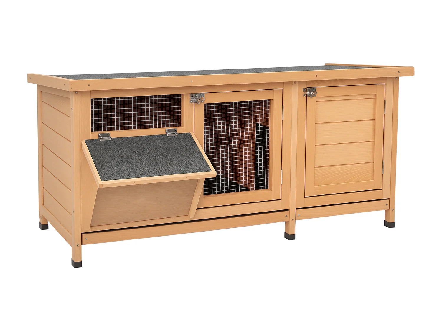 Clapier sur pieds - cage à lapin - 2 plateaux coulissants à excrément, 2 portes verrouillables, toit bitumé ouvrant, râtelier à foin - bois sapin pré-huilé