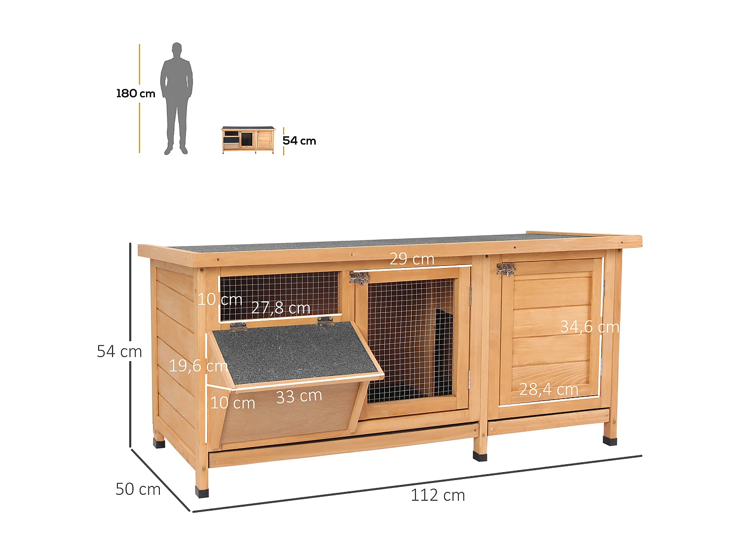 Clapier sur pieds - cage à lapin - 2 plateaux coulissants à excrément, 2 portes verrouillables, toit bitumé ouvrant, râtelier à foin - bois sapin pré-huilé