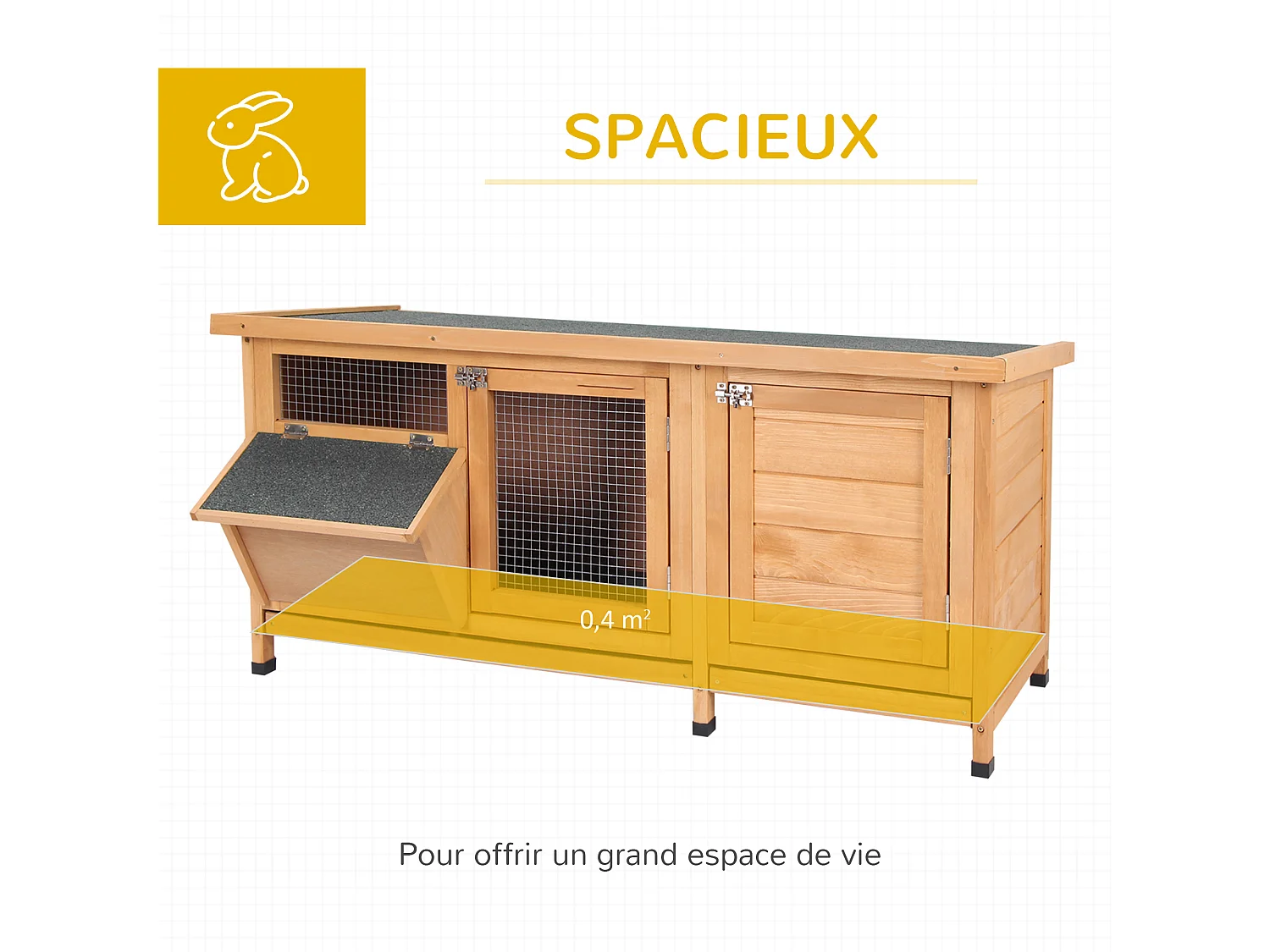 Clapier sur pieds - cage à lapin - 2 plateaux coulissants à excrément, 2 portes verrouillables, toit bitumé ouvrant, râtelier à foin - bois sapin pré-huilé