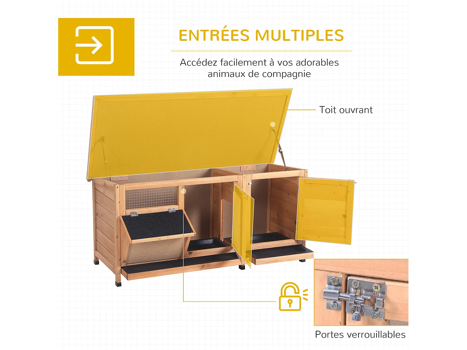 Clapier sur pieds - cage à lapin - 2 plateaux coulissants à excrément, 2 portes verrouillables, toit bitumé ouvrant, râtelier à foin - bois sapin pré-huilé
