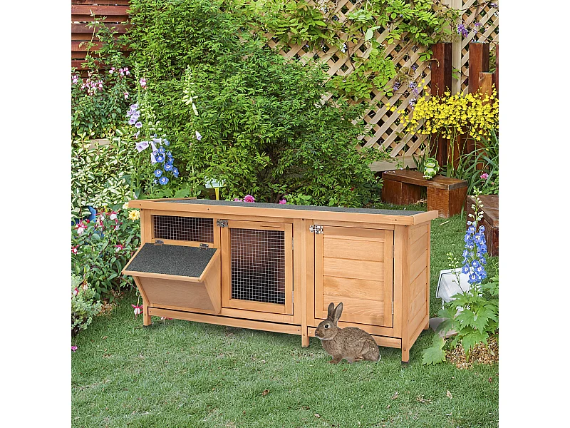 Clapier sur pieds - cage à lapin - 2 plateaux coulissants à excrément, 2 portes verrouillables, toit bitumé ouvrant, râtelier à foin - bois sapin pré-huilé