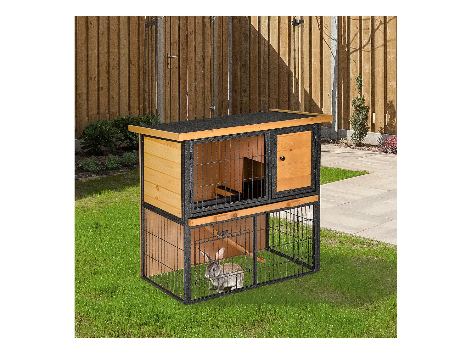 Clapier à lapin cage à lapin 2 niveaux 3 portes verrouillables rampe toit ouvrant bitûmé métal époxy pin pré-huilé