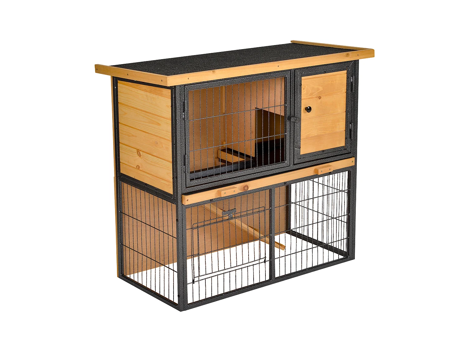 Clapier à lapin cage à lapin 2 niveaux 3 portes verrouillables rampe toit ouvrant bitûmé métal époxy pin pré-huilé