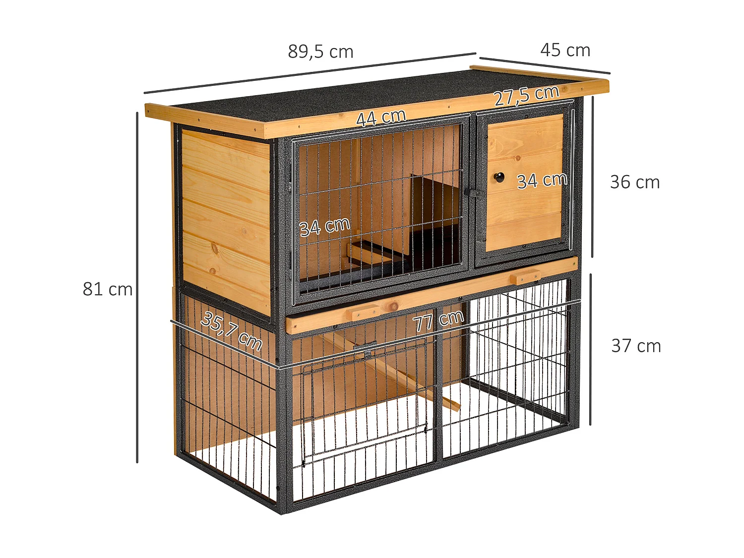 Clapier à lapin cage à lapin 2 niveaux 3 portes verrouillables rampe toit ouvrant bitûmé métal époxy pin pré-huilé