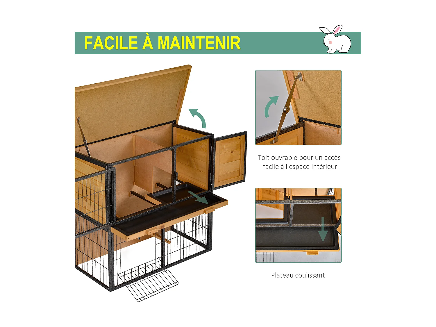 Clapier à lapin cage à lapin 2 niveaux 3 portes verrouillables rampe toit ouvrant bitûmé métal époxy pin pré-huilé
