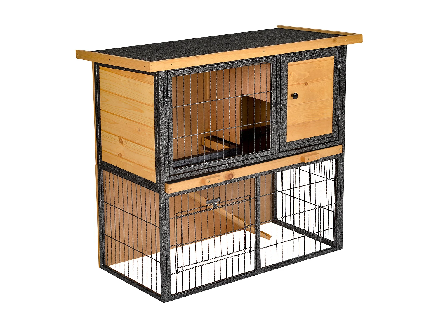 Clapier à lapin cage à lapin 2 niveaux 3 portes verrouillables rampe toit ouvrant bitûmé métal époxy pin pré-huilé