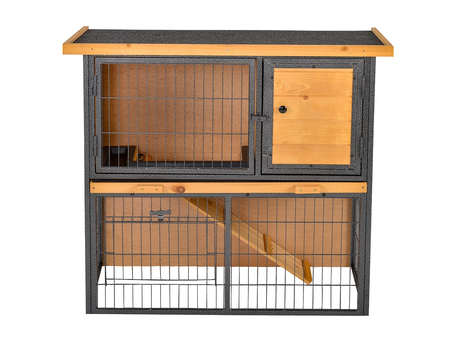 Clapier à lapin cage à lapin 2 niveaux 3 portes verrouillables rampe toit ouvrant bitûmé métal époxy pin pré-huilé