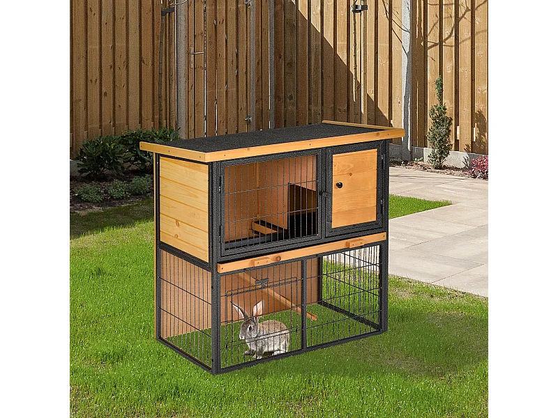 Clapier à lapin cage à lapin 2 niveaux 3 portes verrouillables rampe toit ouvrant bitûmé métal époxy pin pré-huilé