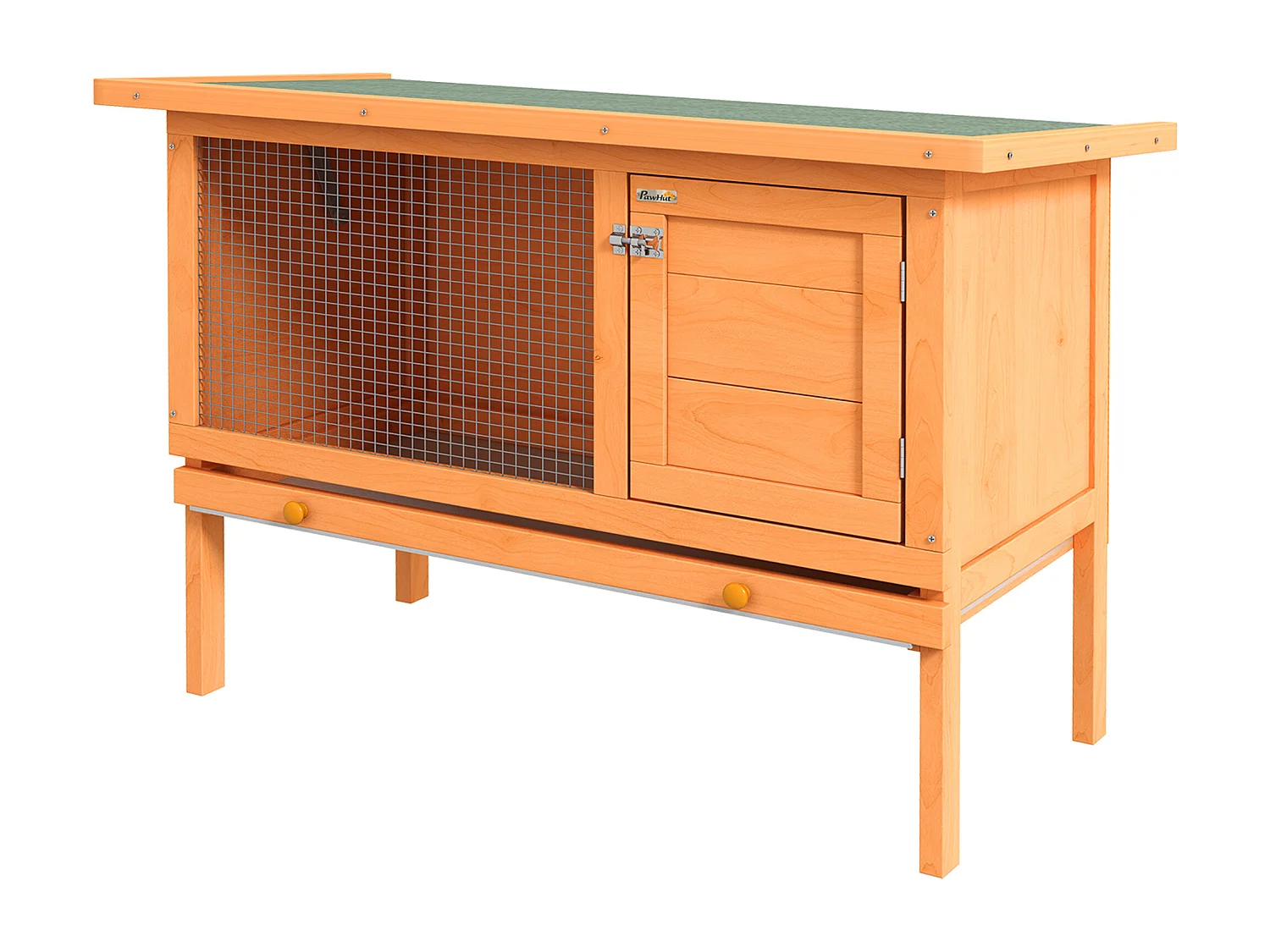 Clapier sur pieds cage à lapin plateau excrément coulissant porte verrouillable fenêtre grillagée toit lino vert bois de sapin lasuré