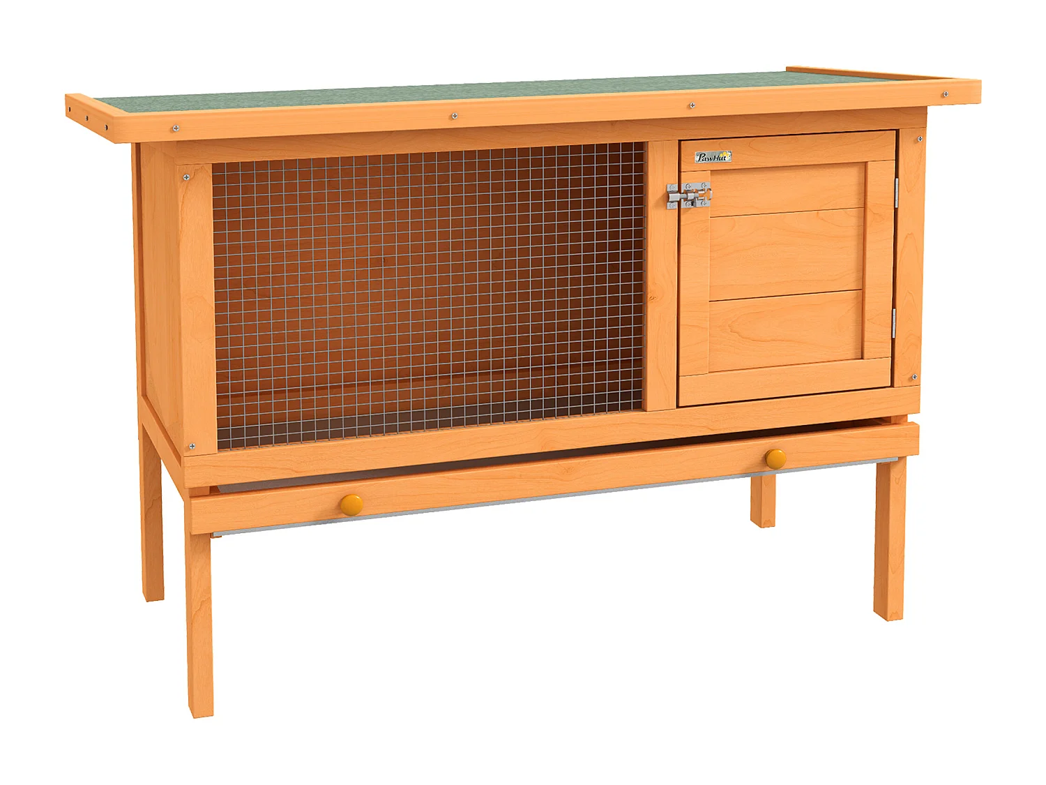 Clapier sur pieds cage à lapin plateau excrément coulissant porte verrouillable fenêtre grillagée toit lino vert bois de sapin lasuré