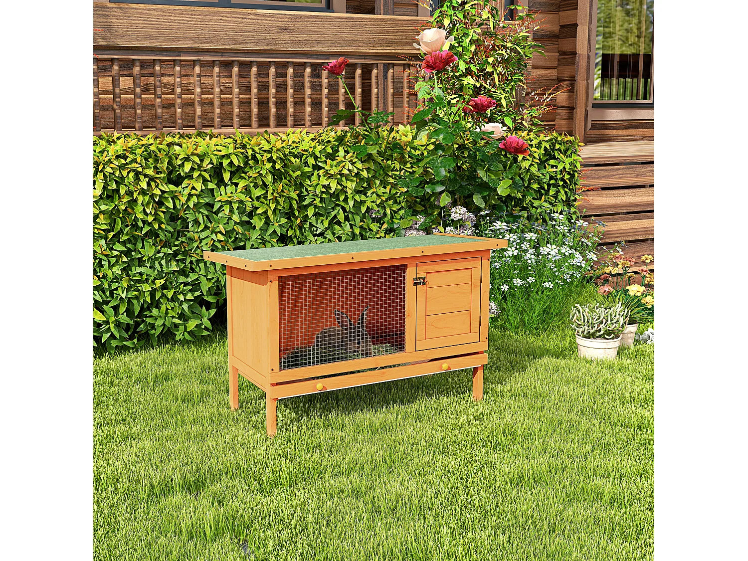 Clapier sur pieds cage à lapin plateau excrément coulissant porte verrouillable fenêtre grillagée toit lino vert bois de sapin lasuré