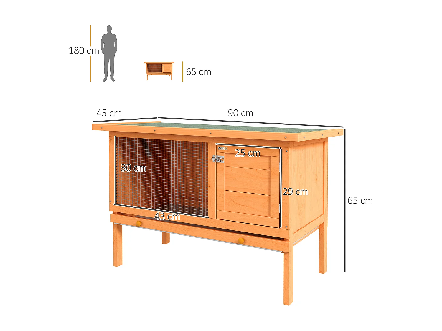 Clapier sur pieds cage à lapin plateau excrément coulissant porte verrouillable fenêtre grillagée toit lino vert bois de sapin lasuré