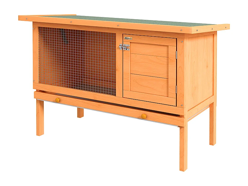 Clapier sur pieds cage à lapin plateau excrément coulissant porte verrouillable fenêtre grillagée toit lino vert bois de sapin lasuré