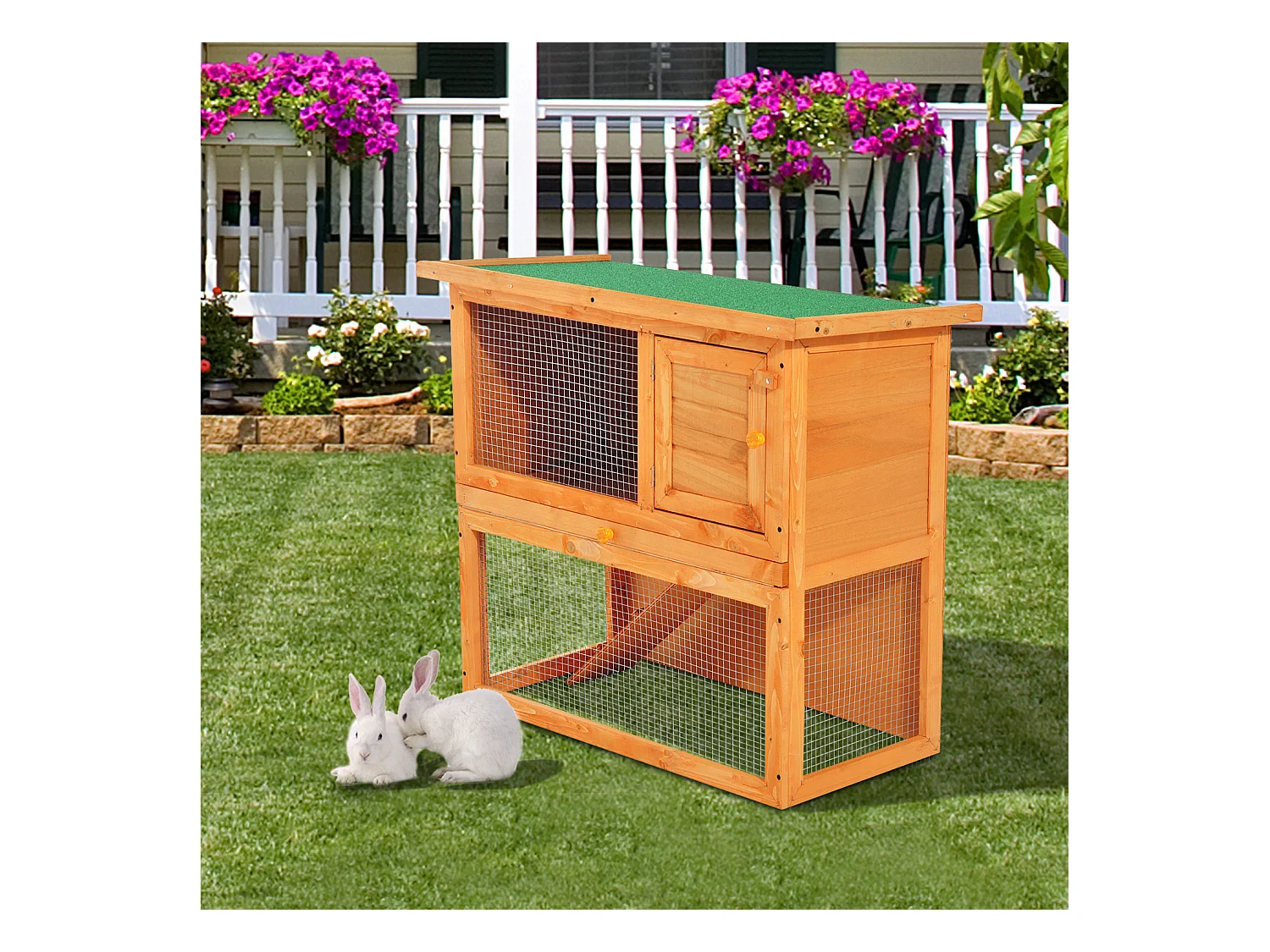 Clapier à lapin cage à lapin 2 étages plateau coulissant rampe et toit ouvrant 90L x 45l x 80H cm