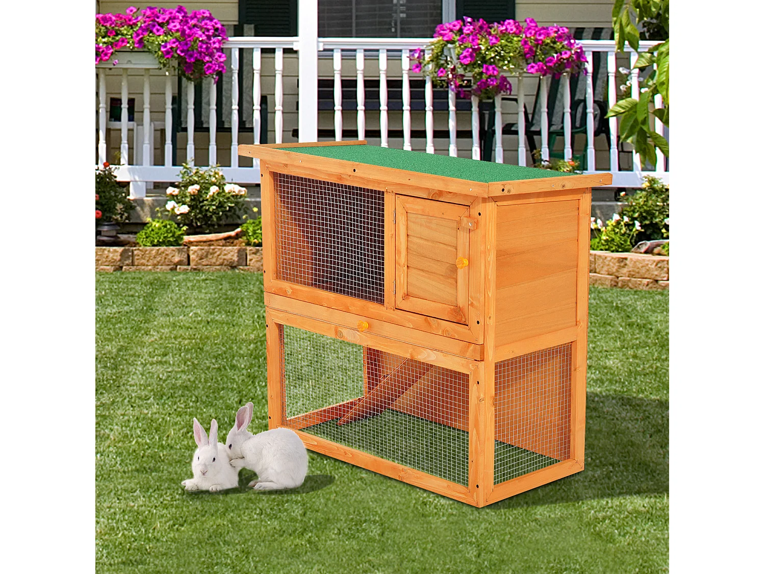 Clapier à lapin cage à lapin 2 étages plateau coulissant rampe et toit ouvrant 90L x 45l x 80H cm