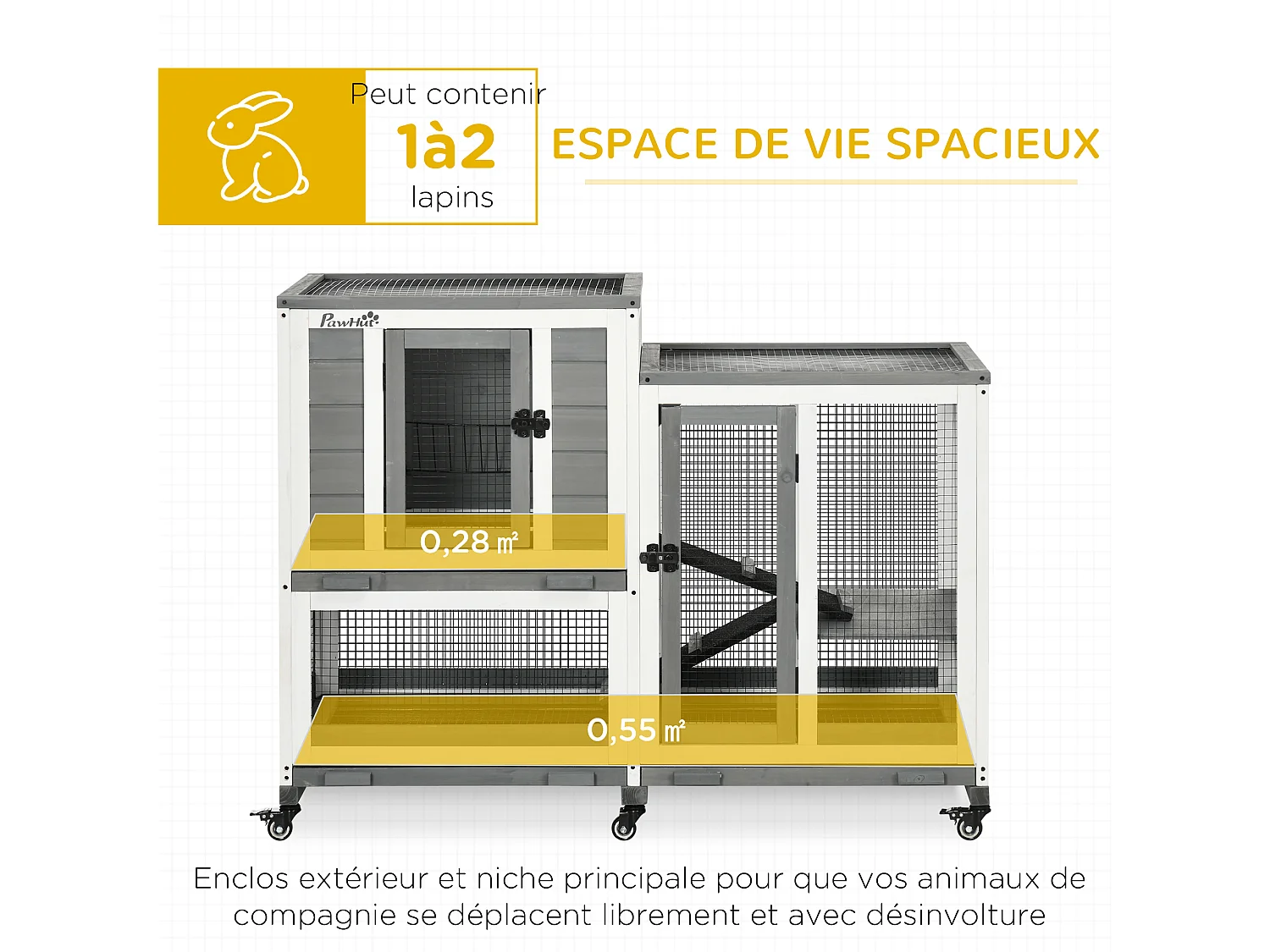 Clapier à lapin sur roulettes cage à lapin 3 niveaux 2 portes verrouillables 3 plateaux coulissants rampes bois sapin acier gris blanc