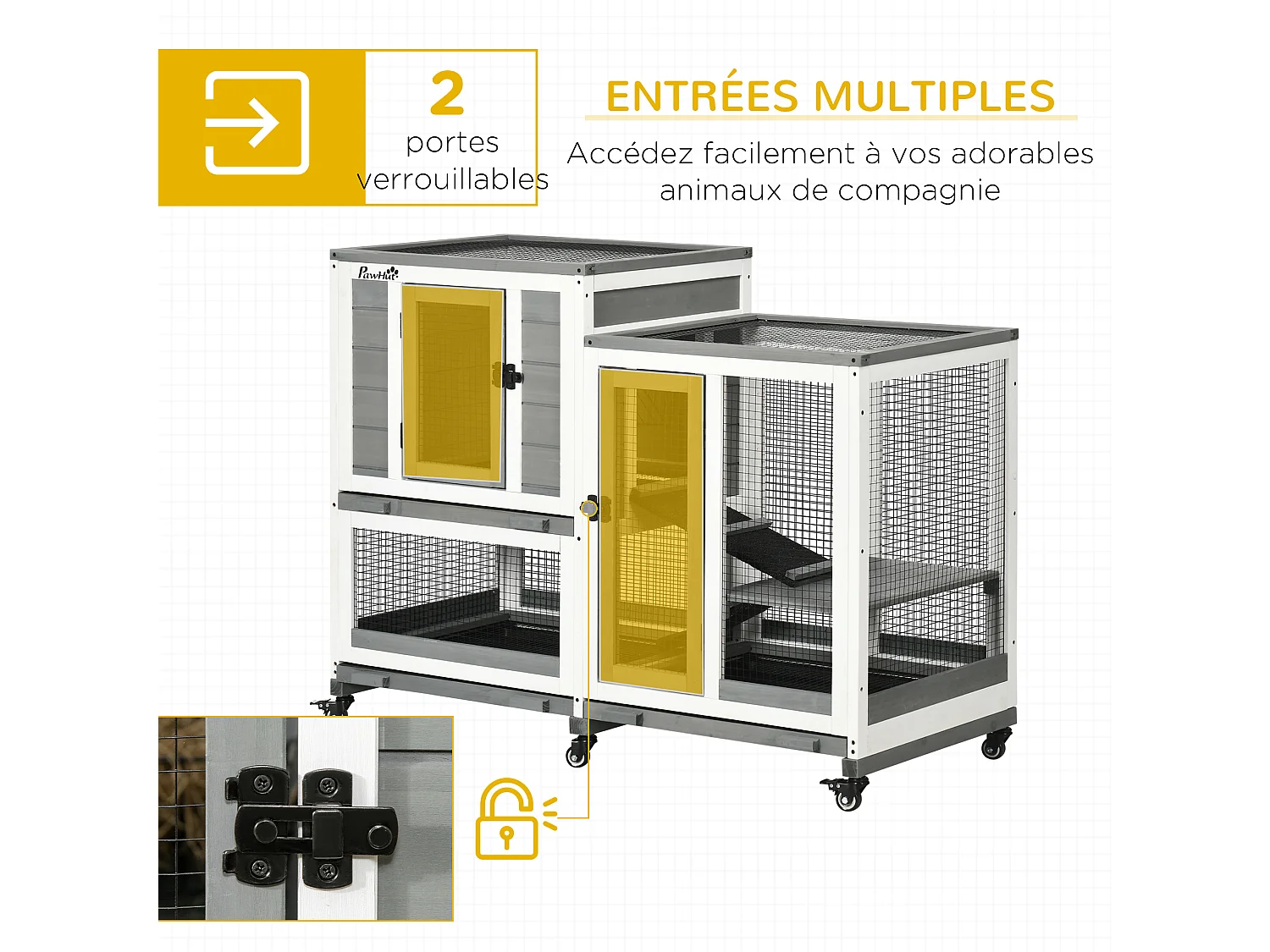 Clapier à lapin sur roulettes cage à lapin 3 niveaux 2 portes verrouillables 3 plateaux coulissants rampes bois sapin acier gris blanc