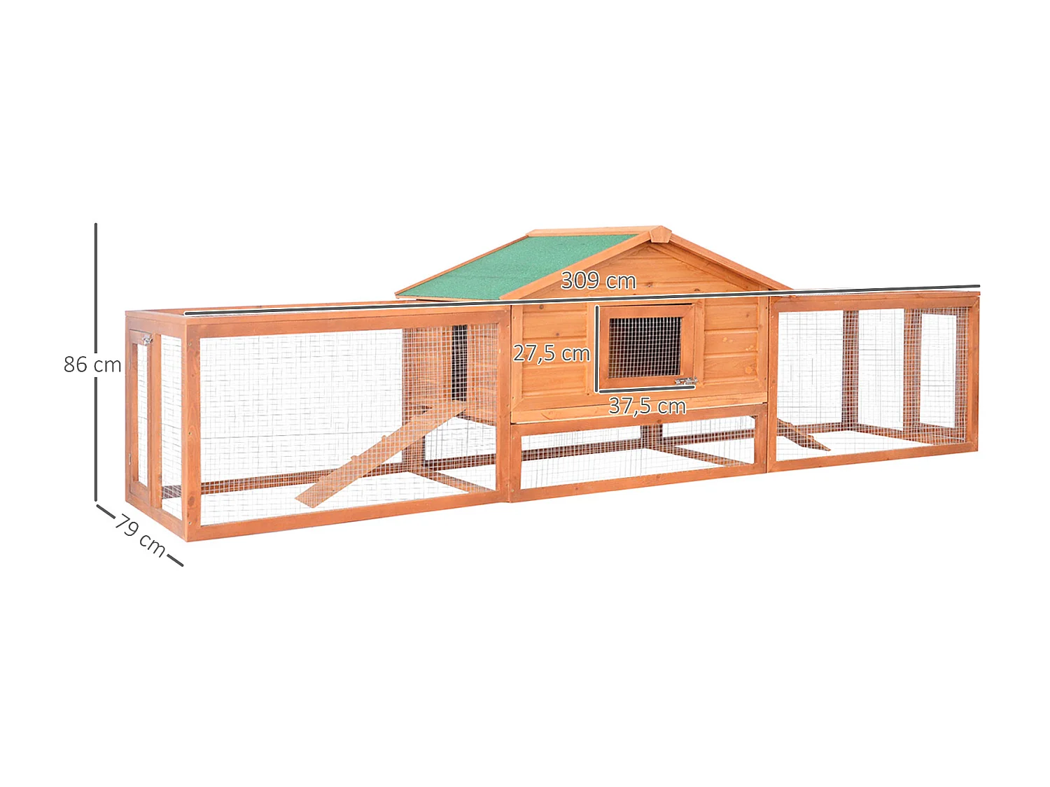 Clapier cage à lapins rongeurs XXL étage toit bitumé tiroir déjection 3,09L x 0,79l x 0,86H m bois massif pin pré-huilé