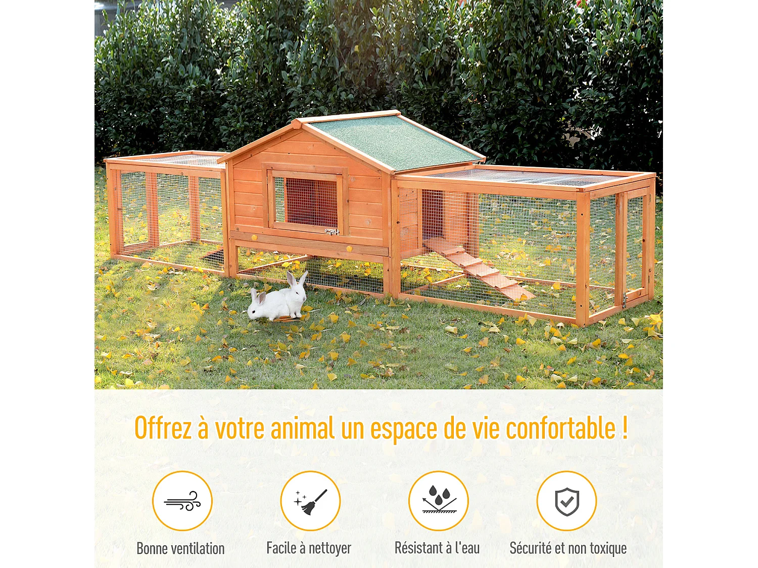 Clapier cage à lapins rongeurs XXL étage toit bitumé tiroir déjection 3,09L x 0,79l x 0,86H m bois massif pin pré-huilé