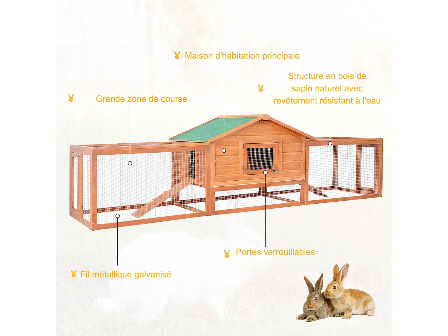 Clapier cage à lapins rongeurs XXL étage toit bitumé tiroir déjection 3,09L x 0,79l x 0,86H m bois massif pin pré-huilé