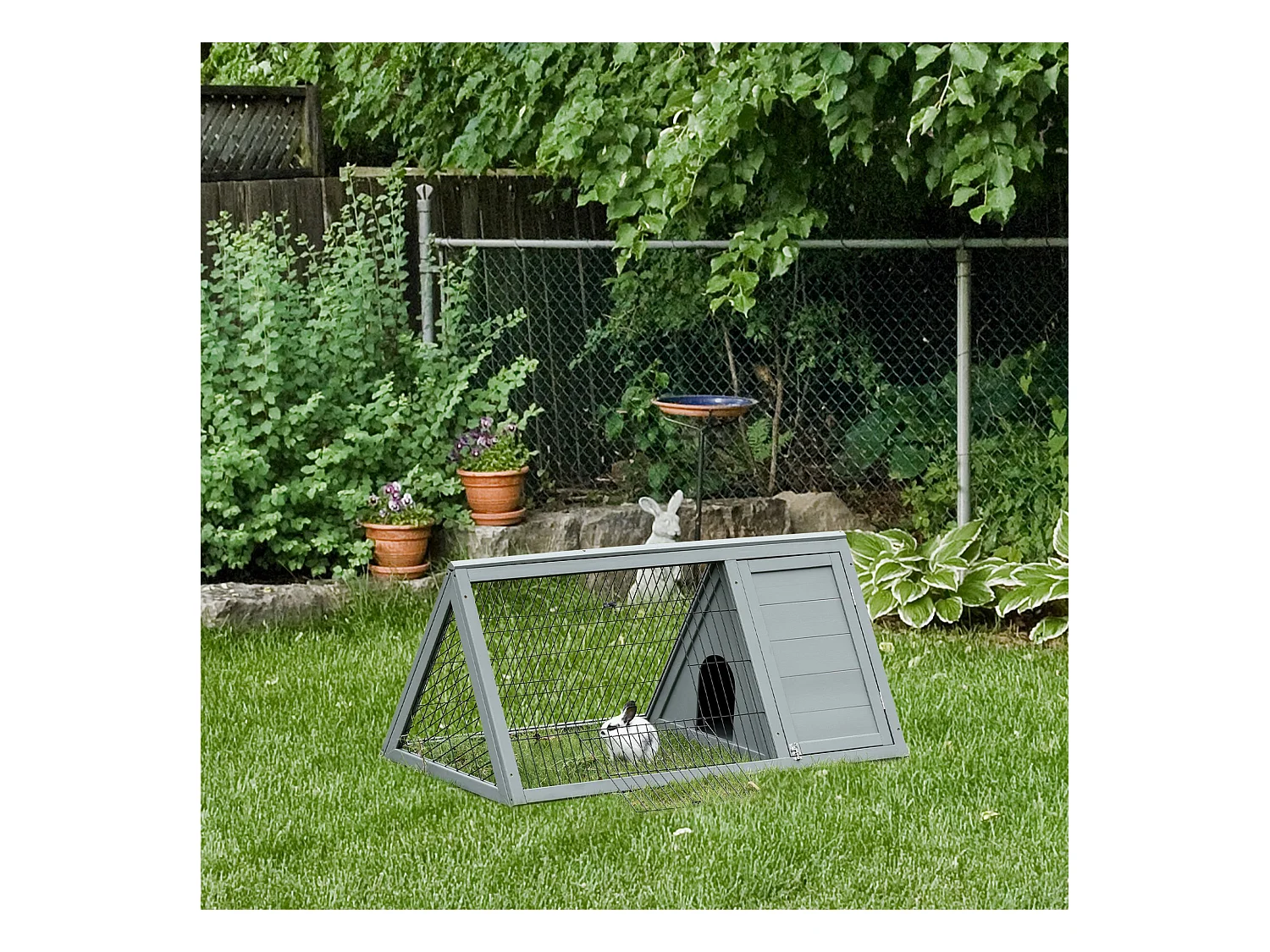 Clapier triangulaire de sol enclos extérieur niche double porte dim. 116L x 62l x 52,5H cm métal bois sapin gris