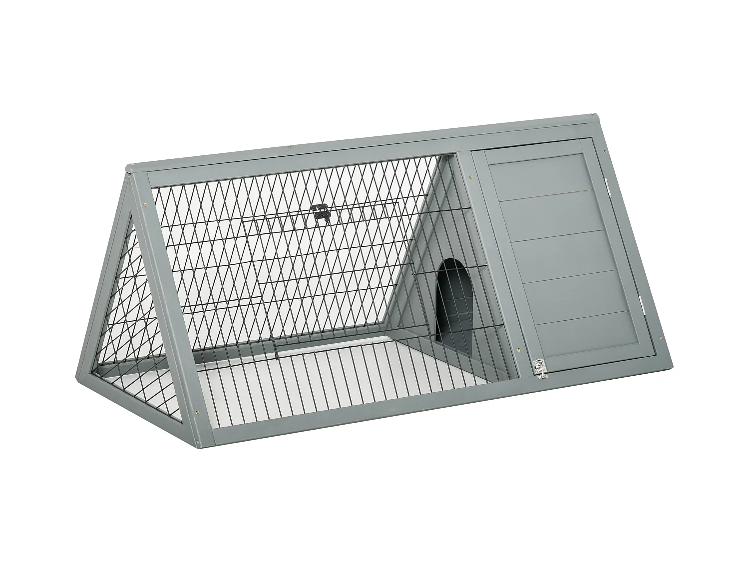 Clapier triangulaire de sol enclos extérieur niche double porte dim. 116L x 62l x 52,5H cm métal bois sapin gris