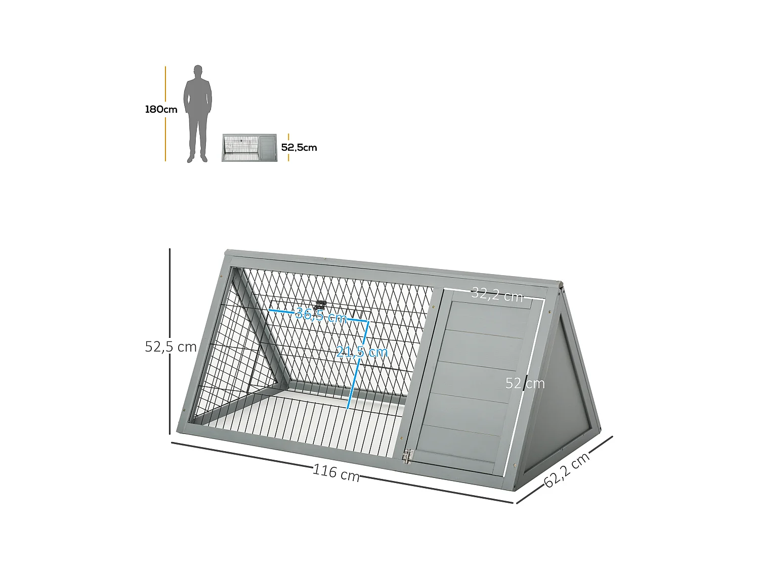 Clapier triangulaire de sol enclos extérieur niche double porte dim. 116L x 62l x 52,5H cm métal bois sapin gris