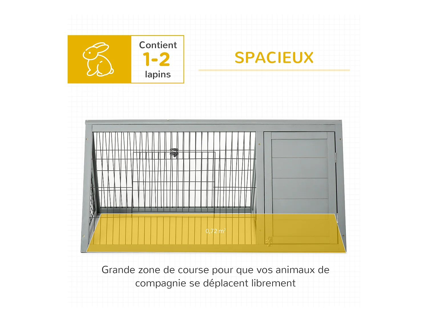 Clapier triangulaire de sol enclos extérieur niche double porte dim. 116L x 62l x 52,5H cm métal bois sapin gris