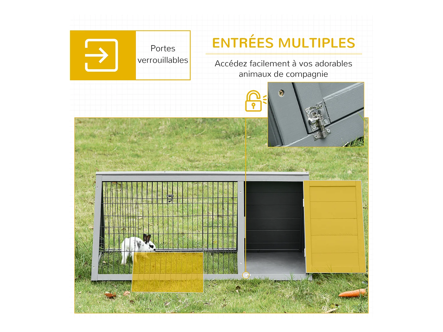 Clapier triangulaire de sol enclos extérieur niche double porte dim. 116L x 62l x 52,5H cm métal bois sapin gris