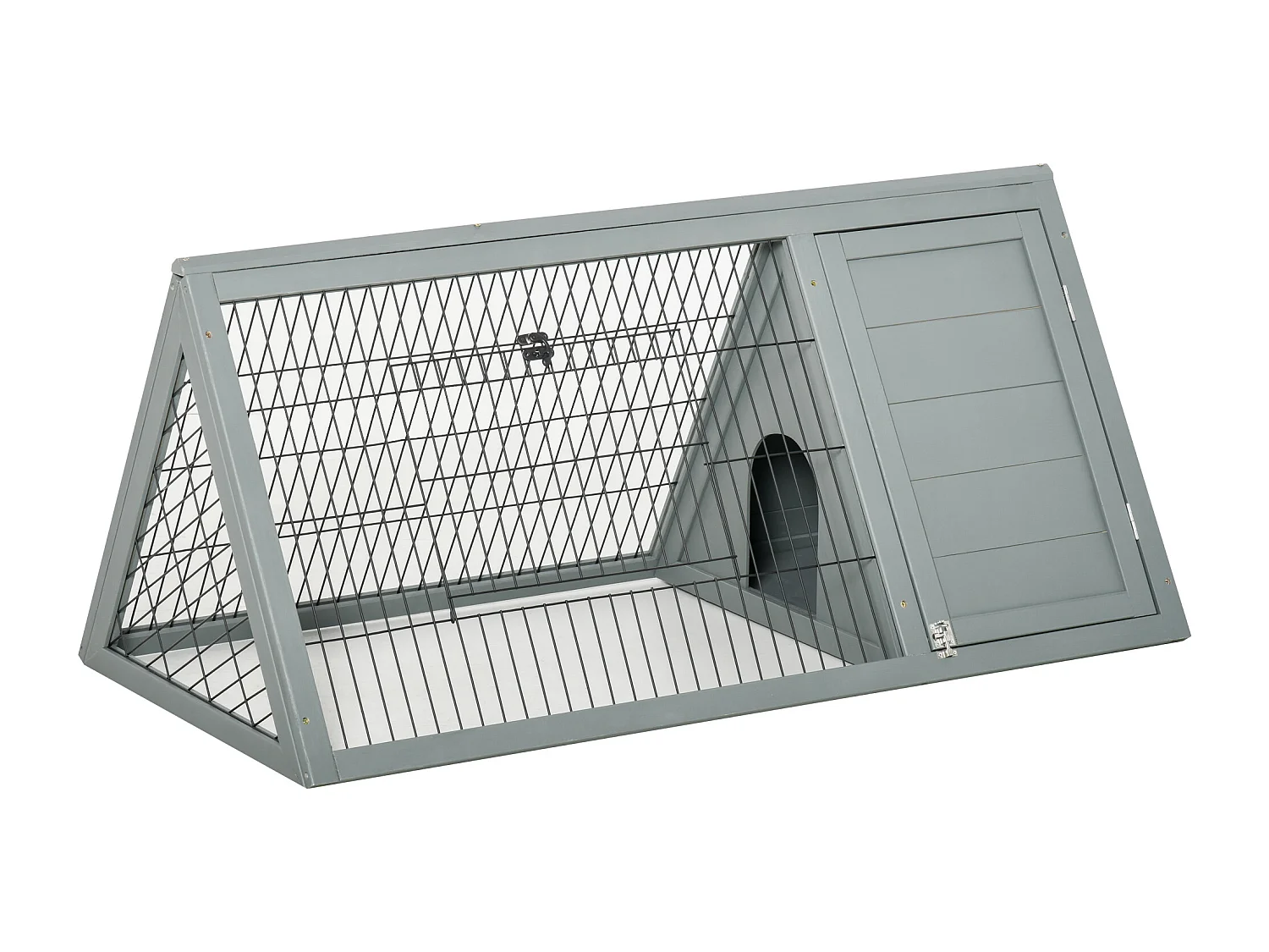 Clapier triangulaire de sol enclos extérieur niche double porte dim. 116L x 62l x 52,5H cm métal bois sapin gris