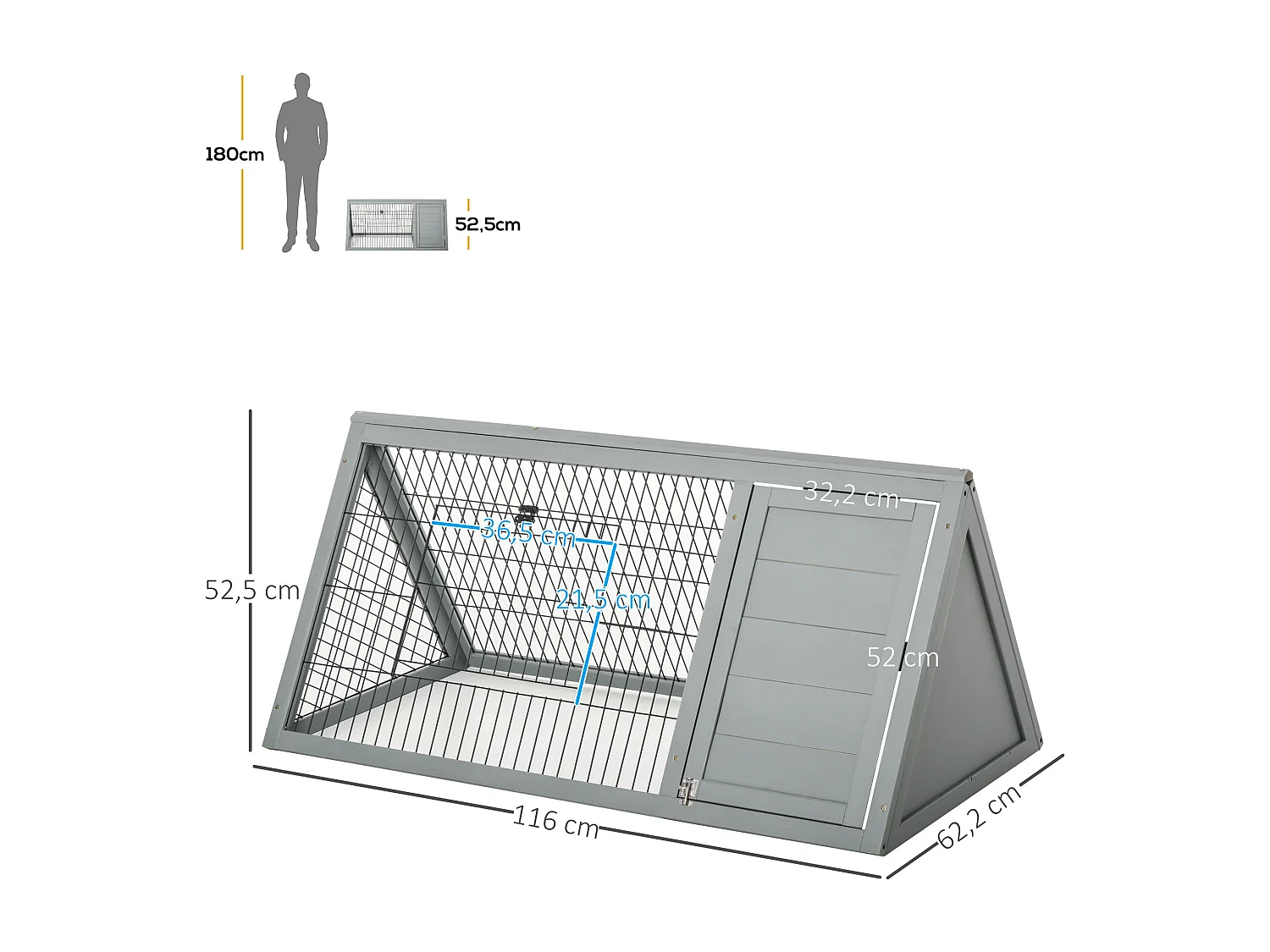 Clapier triangulaire de sol enclos extérieur niche double porte dim. 116L x 62l x 52,5H cm métal bois sapin gris
