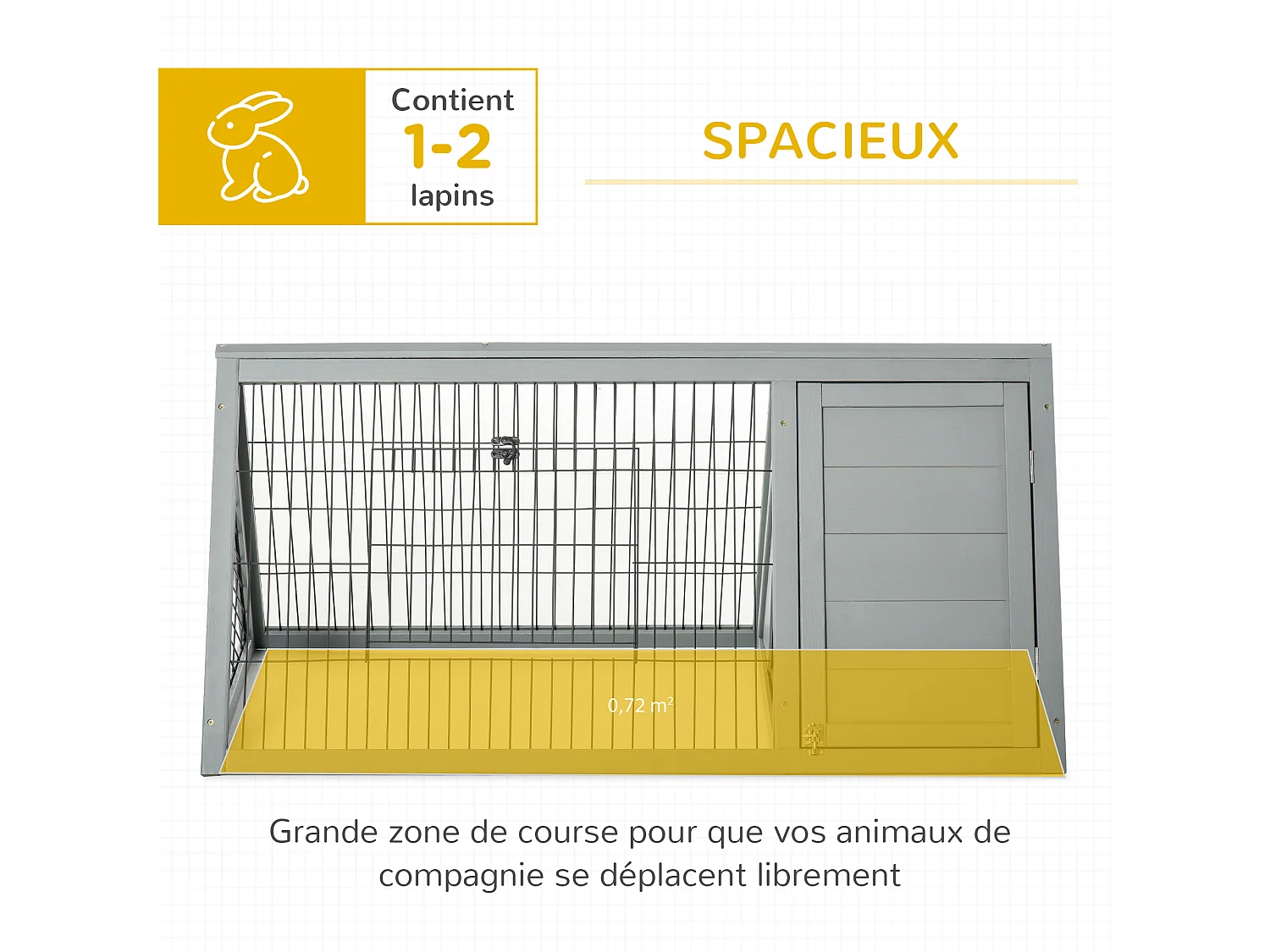 Clapier triangulaire de sol enclos extérieur niche double porte dim. 116L x 62l x 52,5H cm métal bois sapin gris