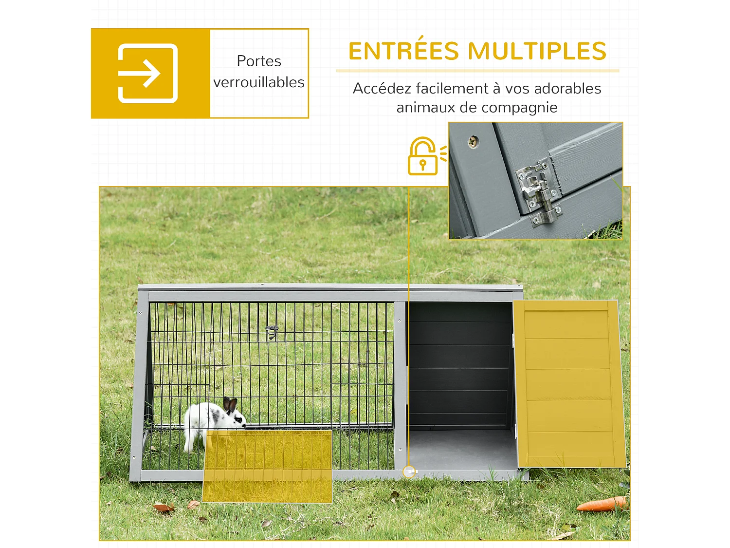 Clapier triangulaire de sol enclos extérieur niche double porte dim. 116L x 62l x 52,5H cm métal bois sapin gris