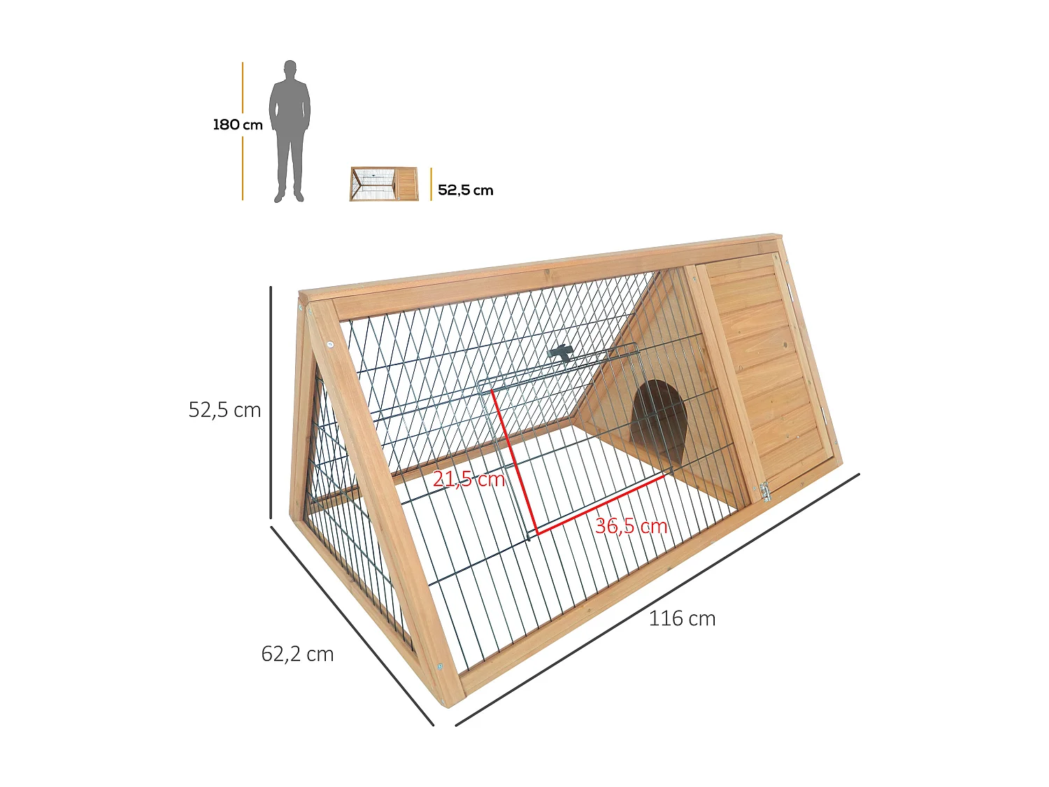 Clapier triangulaire de sol enclos extérieur niche double porte dim. 116L x 62l x 53H cm bois massif pin