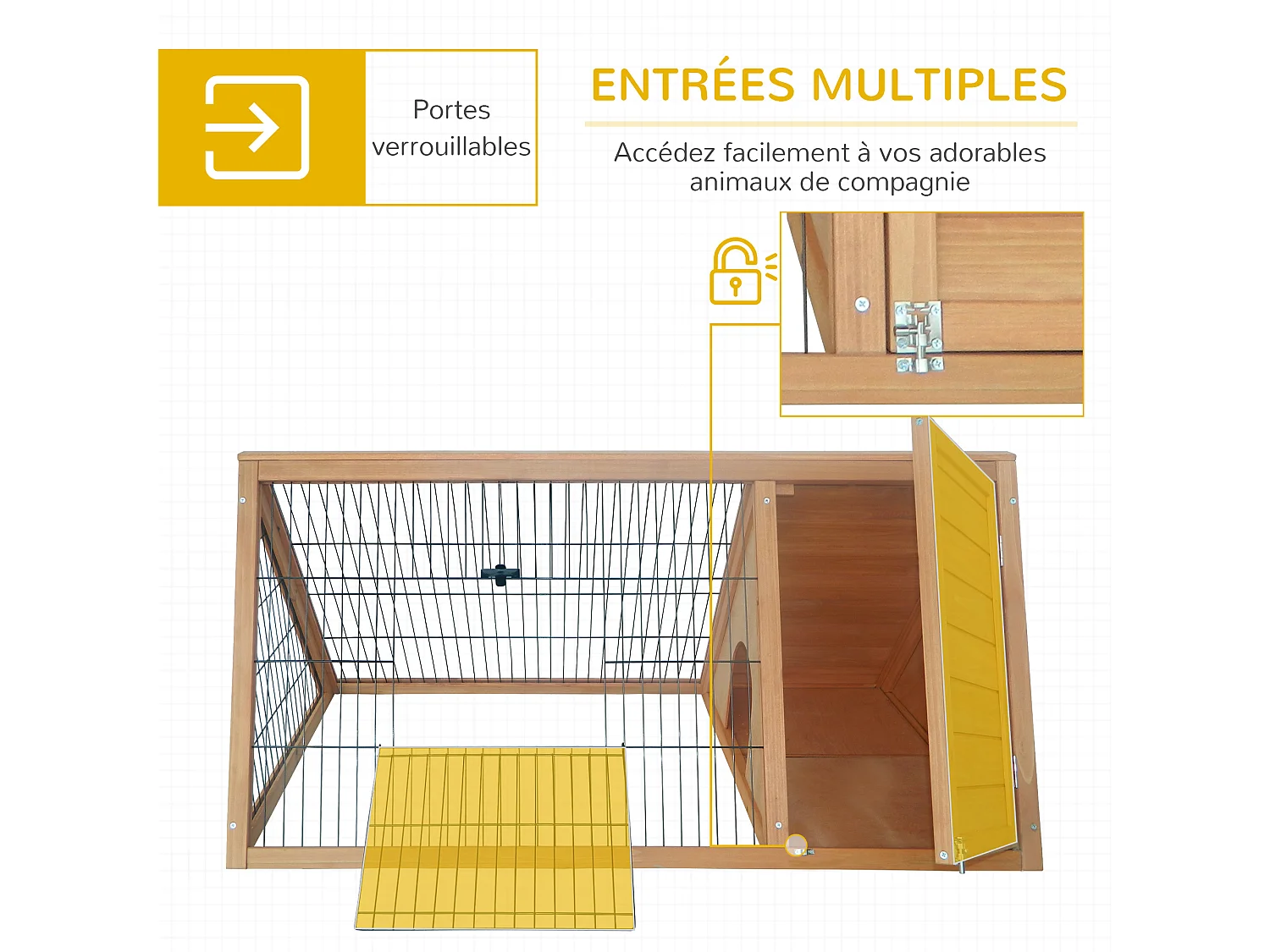 Clapier triangulaire de sol enclos extérieur niche double porte dim. 116L x 62l x 53H cm bois massif pin