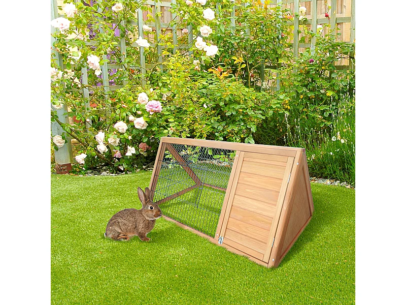 Clapier triangulaire de sol enclos extérieur niche double porte dim. 116L x 62l x 53H cm bois massif pin