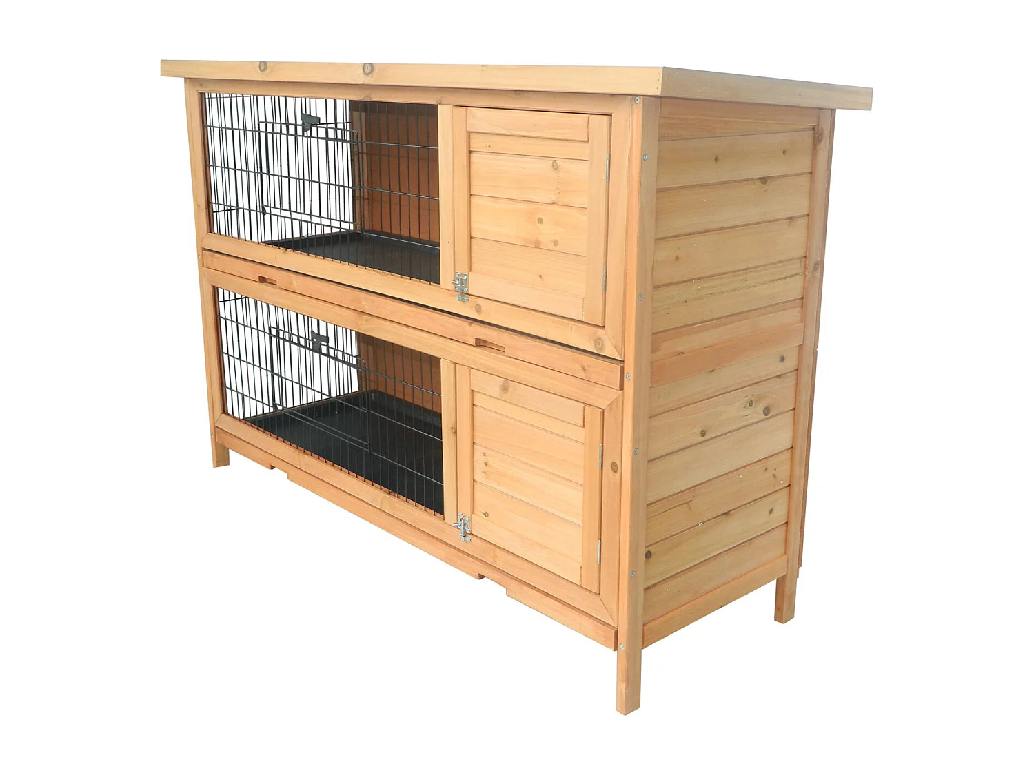 Clapier sur pieds cage à lapin double niveau plateaux excréments coulissants 4 portes verrouillables dim. 137L x 50l x 93H cm bois massif pin toit bitumé vert