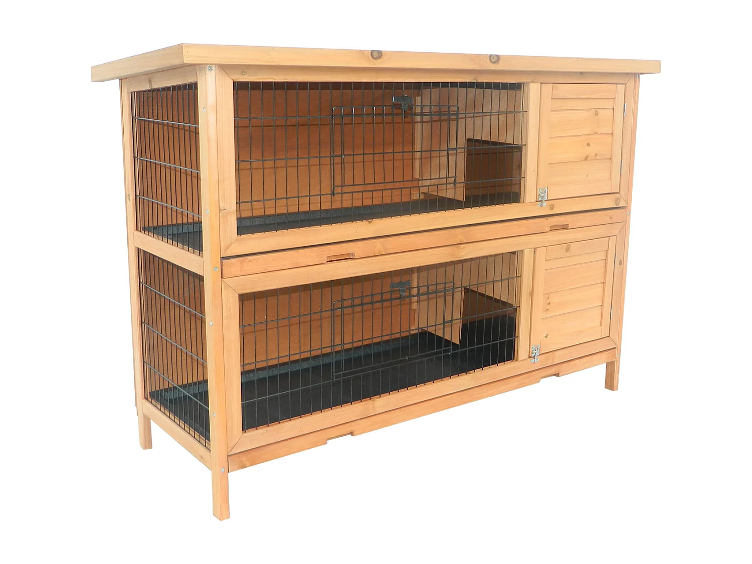 Clapier sur pieds cage à lapin double niveau plateaux excréments coulissants 4 portes verrouillables dim. 137L x 50l x 93H cm bois massif pin toit bitumé vert