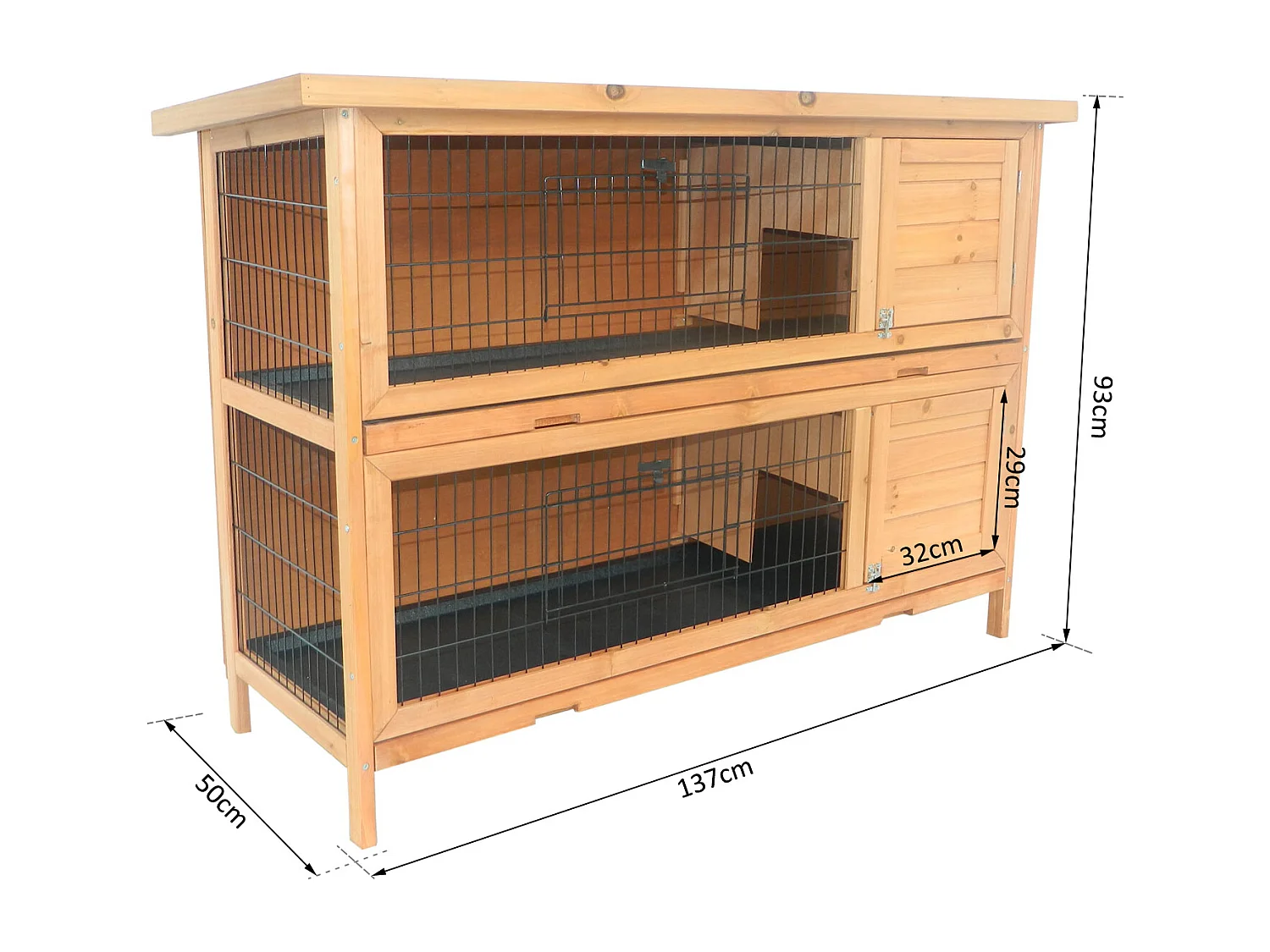 Clapier sur pieds cage à lapin double niveau plateaux excréments coulissants 4 portes verrouillables dim. 137L x 50l x 93H cm bois massif pin toit bitumé vert