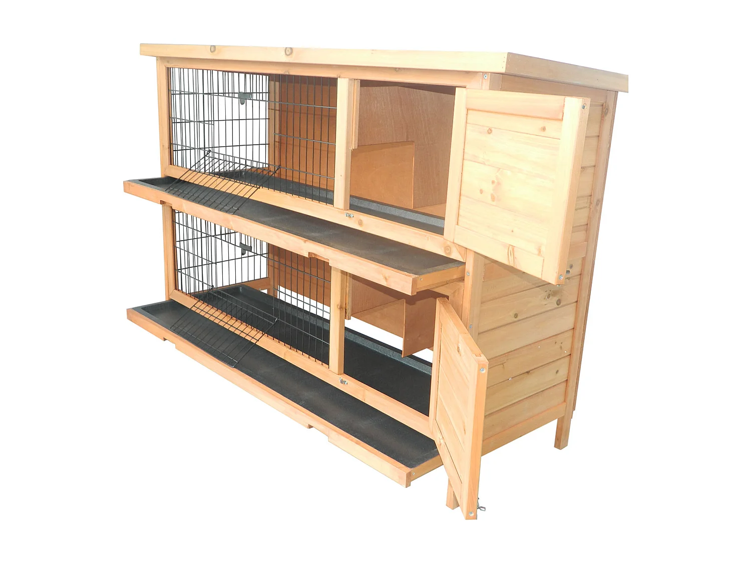 Clapier sur pieds cage à lapin double niveau plateaux excréments coulissants 4 portes verrouillables dim. 137L x 50l x 93H cm bois massif pin toit bitumé vert