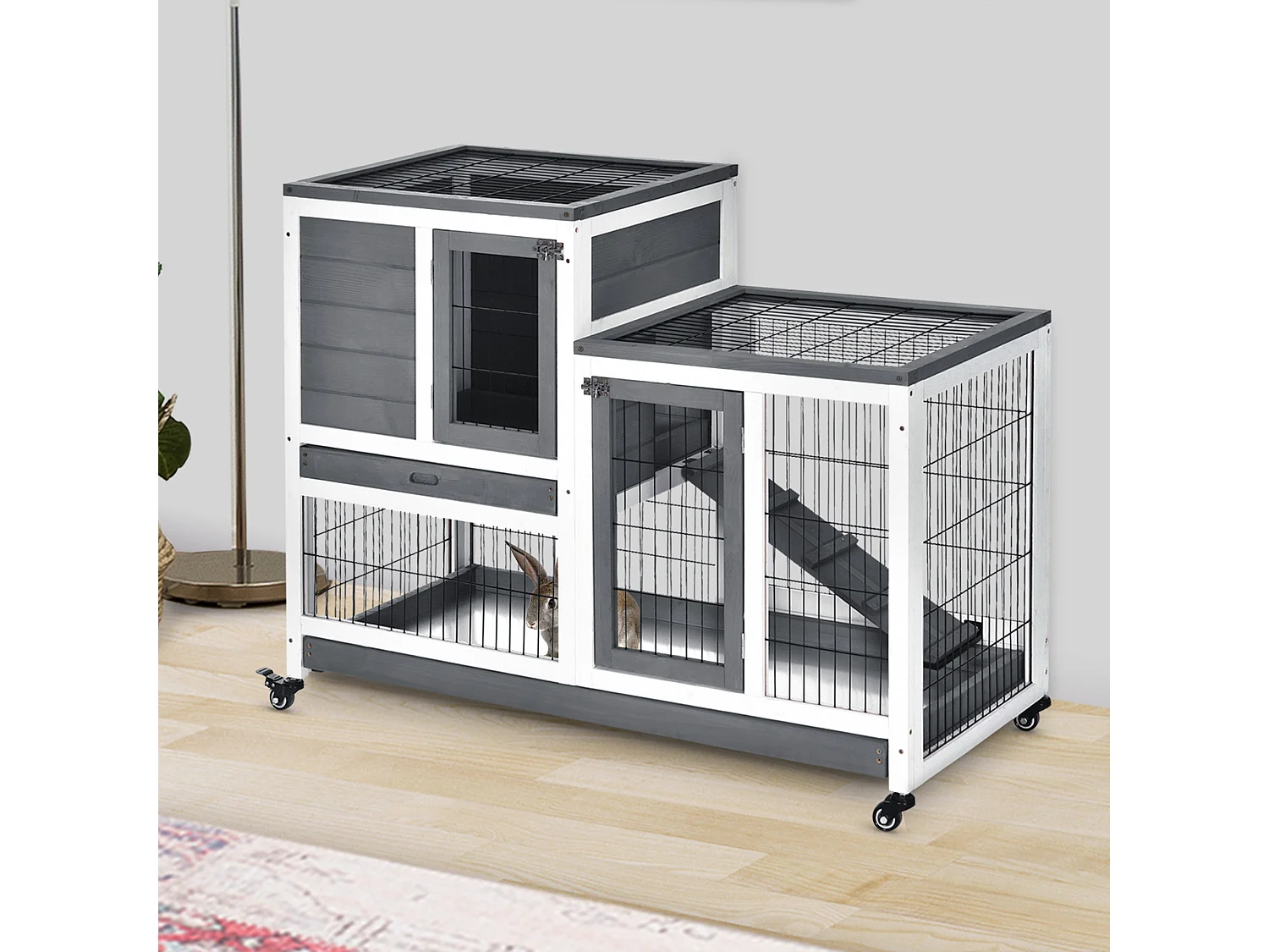Clapier à lapin sur roulettes cage à lapin 2 étages 2 portes verrouillables 2 plateaux coulissants rampe bois de sapin gris blanc