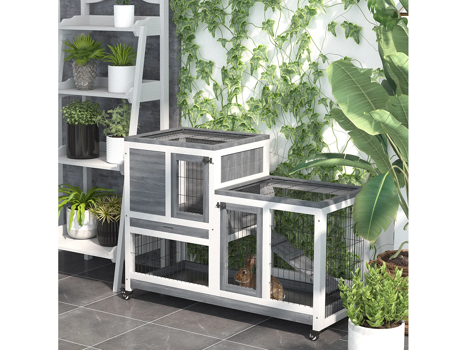 Clapier à lapin sur roulettes cage à lapin 2 étages 2 portes verrouillables 2 plateaux coulissants rampe bois de sapin gris blanc